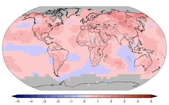 Anomalías (en °C) de la temperatura global de enero a diciembre de 2017. Fuente: NCEI.