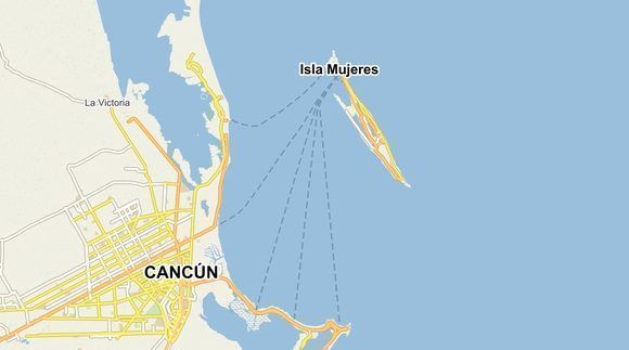 La pequeña Isla Mujeres queda muy cerca de Cancún, en la península de Yucatán, México. Mapa de Windy.
