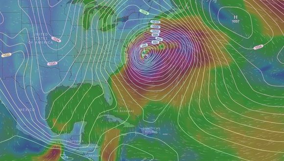 El centro de la gran baja invernal se ubicaría a menos de 300 km de las costas de Carolina del Norte, Estados Unidos, el 4 de enero. Modelo de predicción: Global Forecast System (GFS). Gráfico: Windy. El centro de la gran baja invernal se ubicaría a menos de 300 km de las costas de Carolina del Norte, Estados Unidos, el 4 de enero. Modelo de predicción: Global Forecast System (GFS). Gráfico: Windy.