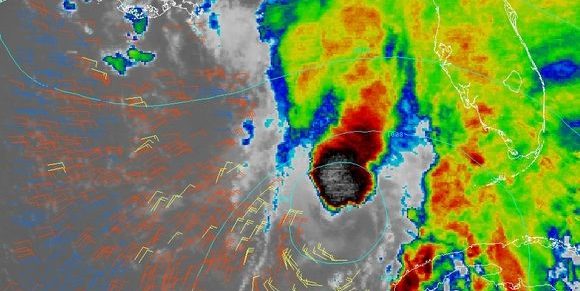 La tormenta tropical Barry ocasionó lluvias en Cuba. Imagen: Cooperative Institute for Meteorological Satellite Studies.