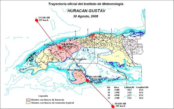 Trayectoria Oficial del huracán GUSTAV, Insmet de Cuba (Ballester y Rubiera, 2008).