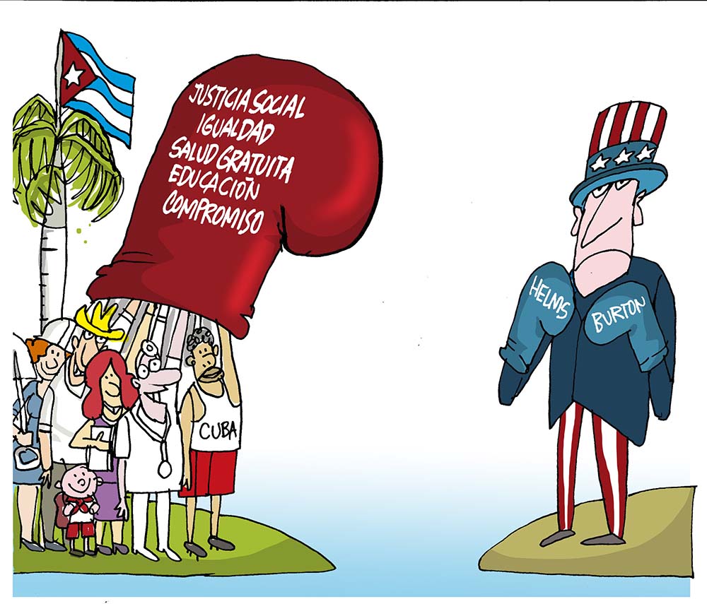 Banner alegórico al bloqueo contra Cuba