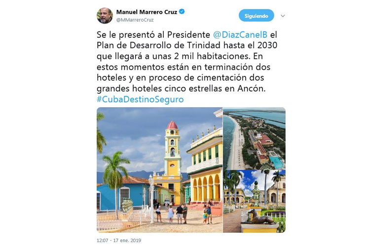 Ministro cubano de Turismo comentó en Twitter sobre la construcción de dos grandes hoteles cinco estrellas en Trinidad