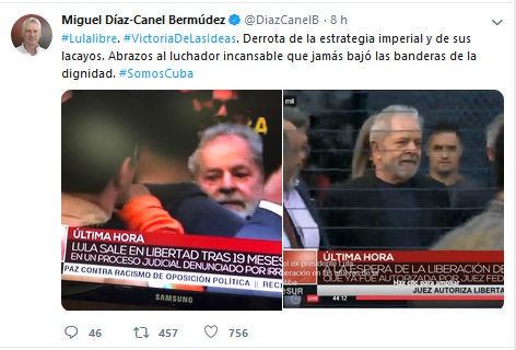  La Habana, 9 nov.- El presidente de Cuba, Miguel Díaz-Canel Bermúdez, afirmó que la liberación del exmandatario brasileño, Luiz Inácio Lula da Silva, tras 580 días de encierro político, constituye una victoria de la solidaridad.  Es un hecho y un triunfo de los pueblos, de la solidaridad, de la verdad, plasmó en su cuenta en Twitter, donde subrayó la derrota de la estrategia imperial y de sus lacayos en sus intentos por desacreditar al líder del Partido de los Trabajadores y a la izquierda en América Latina.  Abrazos al luchador incansable que jamás bajó las banderas de la dignidad, apuntó.