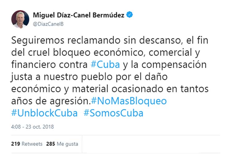 Presidente de Cuba reclama fin de bloqueo estadounidense