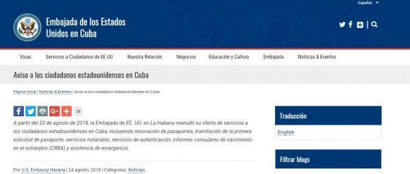 Anuncio publicado en el sitio web de la Embajada de Estados Unidos en Cuba.