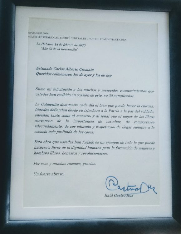 Carta de Raúl a La Colmenita.