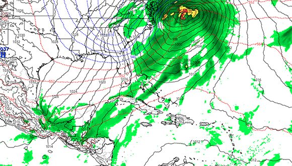 Frente frío transitando por el territorio cubano durante el sábado 29 de enero, según modelo ICON. Imagen: tomada de MeteoAlerta.