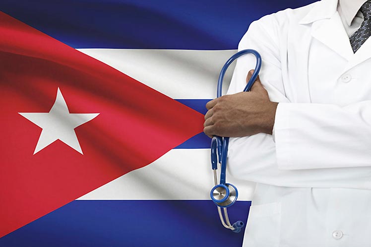 Imagen de bandera y médico cubano