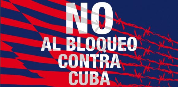 Banner alegórico al bloqueo contra Cuba