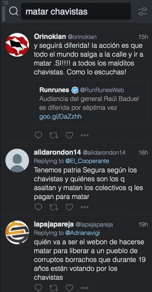 Twitter incentivando a matar chavistas