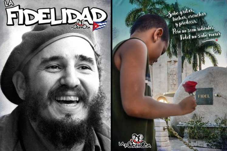 Imagen de Fidel y de un niño poniendo una flor en Santa Ifigenia