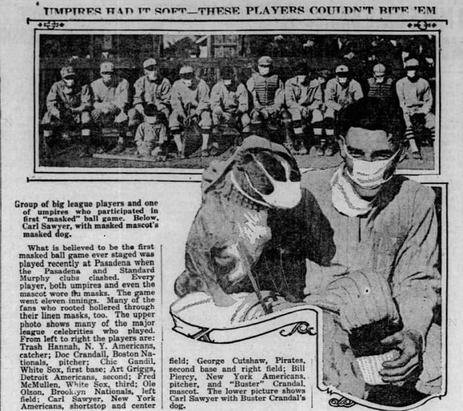 Soldados usan mascarilla en 1918 durante un juego amistoso de béisbol. Foto; Internet.