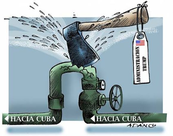 Banner alegórico al bloqueo estadounidense contra Cuba