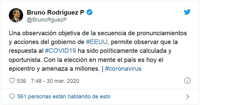 Critica canciller cubano respuesta oportunista de EE.UU. a la COVID-19 