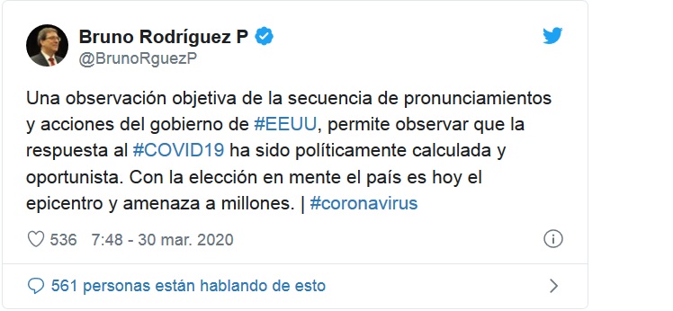 Critica canciller cubano respuesta oportunista de EE.UU. a la COVID-19 