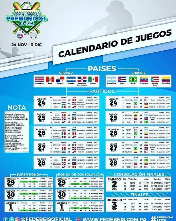 Calendario de Panamericano sub-23 de béisbol en Panamá
