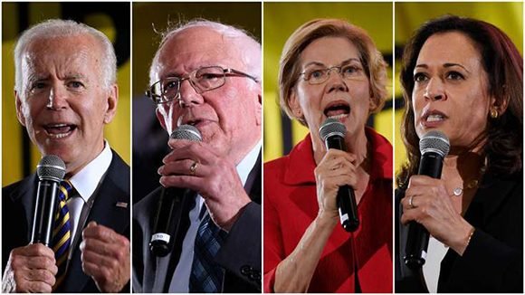 Joe Biden, Bernie Sanders, Elizabeth Warren y Kamala Harris. Foto: AP.