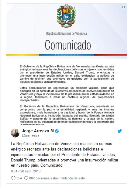 Comunicado de Venezuela en el que expresó su rechazo a las recientes declaraciones del presidente de Estados Unidos, Donald Trump, en el marco de la 73° Asamblea General de las Naciones Unidas (ONU).