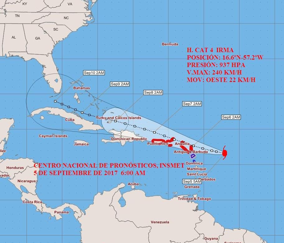 Cono de posible paso del Huracán Irma por el Caribe