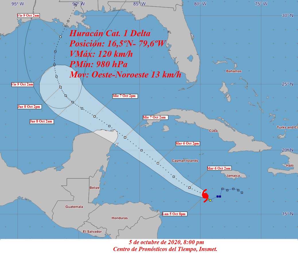 cono de probabilidades del huracán Delta