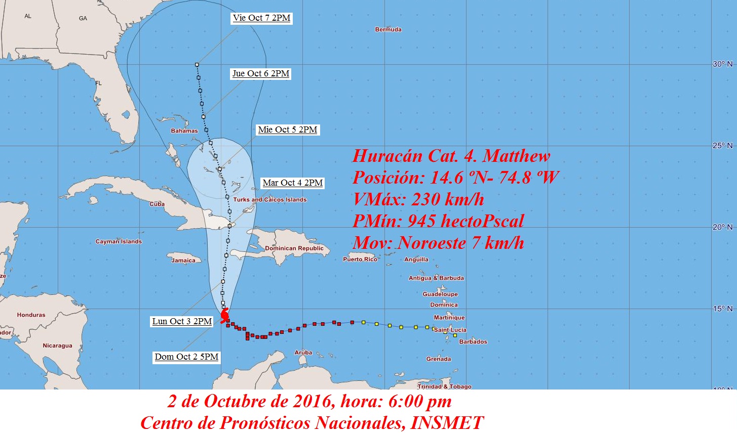 Cono de probabilidades del Huracán Mathew