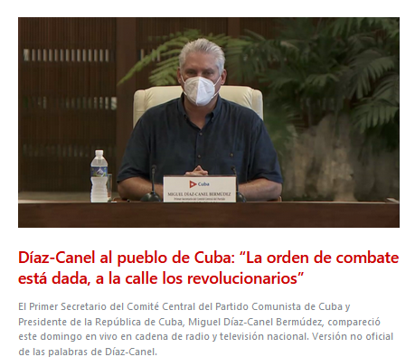 Díaz-Canel al pueblo de Cuba: “La orden de combate está dada, a la calle los revolucionarios” 