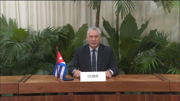 Presidente cubano, Miguel Díaz-Canel, en el 31º período extraordinario de sesiones de la Asamblea General de las Naciones Unidas, en respuesta a la COVID-19
