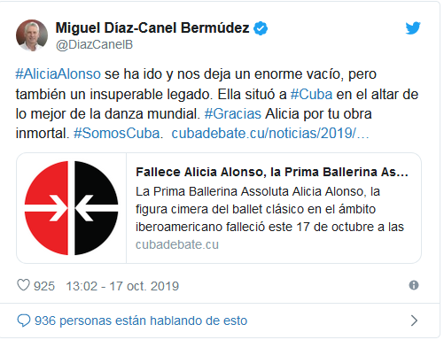 Díaz-Canel lamenta muerte de Alicia Alonso