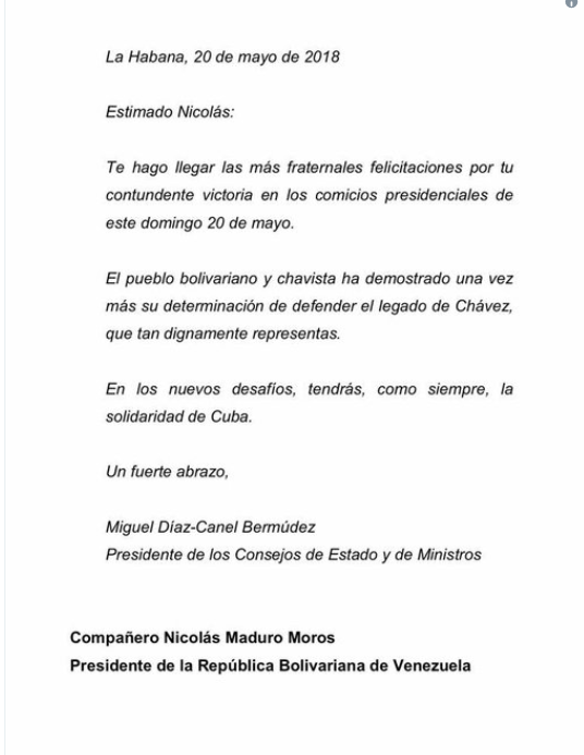 Carta de felicitación de Miguel Díaz-Canel a Maduro