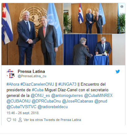 Encuentro del presidente de Cuba Miguel Díaz-Canel con el secretario general de la ONU es António Guterres.