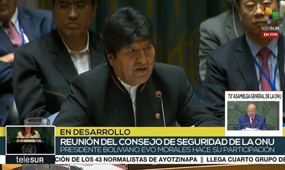 Presidente de Bolivia interviene en la 73°reunión del Consejo de Seguridad de la ONU. Foto: @teleSURtv