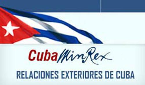 Bandera cubana y logo del MINREX