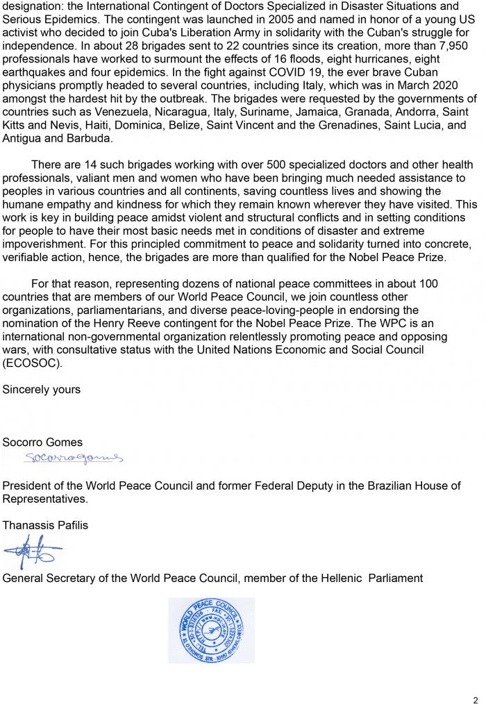 Consejo Mundial por la Paz registra candidatura de médicos de la Henry Reeve al Nobel de la Paz