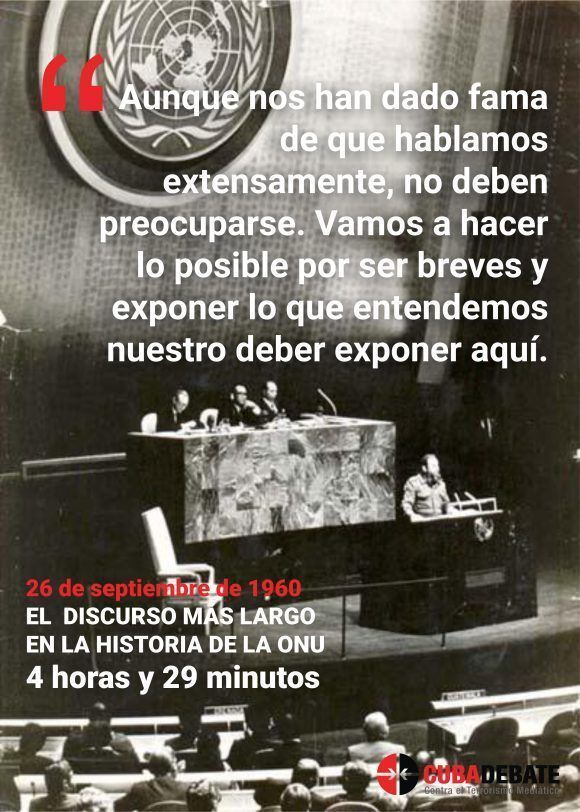Frase pronunciada por Fidel durante su amplio discurso en la ONU. Infografía: Edilberto Carmona Tamayo/ Cubadebate.