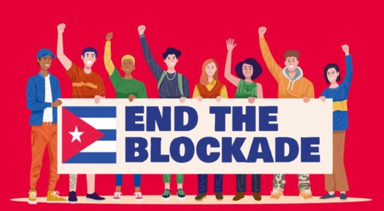 banner alegórico al Fin del Bloqueo contra Cuba