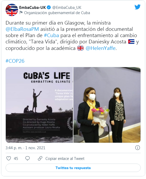  presentación del documental sobre el Plan de #Cuba para el enfrentamiento al cambio climático, "Tarea Vida"