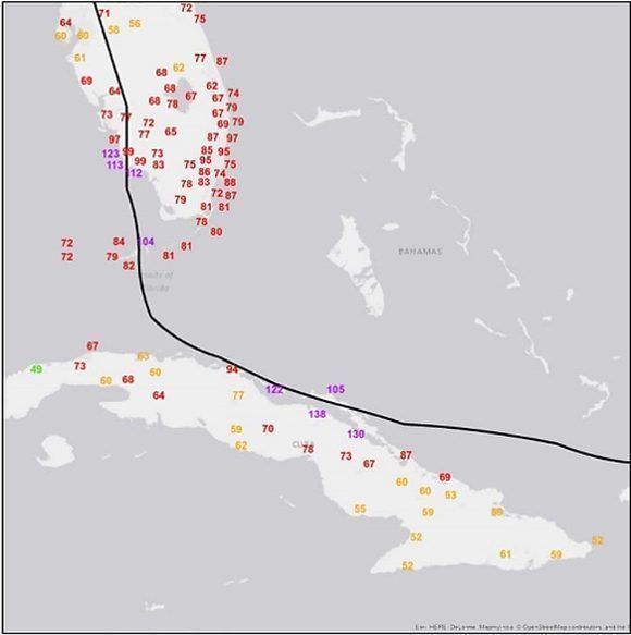 Las rachas de viento más notables (en nudos) registradas por el Instituto de Meteorología durante el azote de Irma, y la trayectoria descrita. Mapa del NHC.