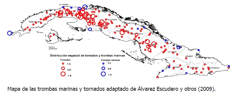 Mapa de las trombas marinas y tornados adaptado de Álvarez Escudero y otros (2009).