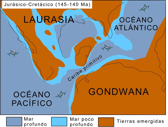 Mapa paleogeográfico del Caribe en el límite Jurásico-Cretácico. Puede notarse que en aquella época no existía Cuba, sino un paso marino donde pululaban diversos organismos oceánicos.