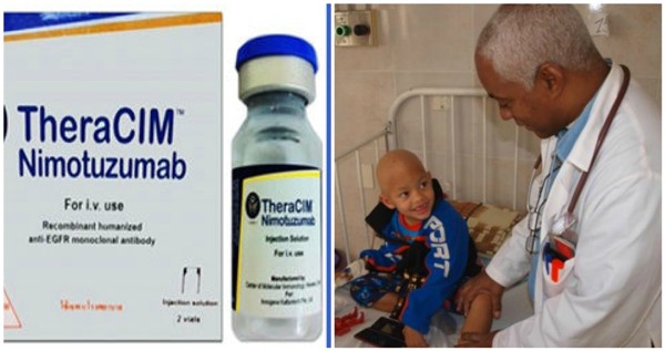 Anticuerpo monoclonal cubano Nimotuzumab y médico cubano atendiendo a niño enfermo de cáncerr
