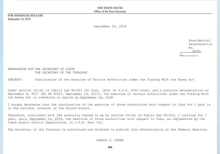 Memorando al Secretario de Estado, fechado este lunes, que establece la renovación de la Ley de Comercio con el Enemigo por motivos de “seguridad nacional”. Foto: Casa Blanca