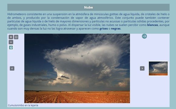 La definición de “nube” en el MeteoGlosario y una fotografía asociada.
