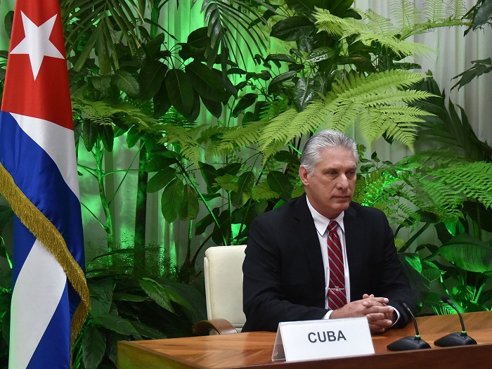 Miguel Díaz-Canel Bermúdez, Presidente de la República de Cuba, en la Cumbre Mundial Virtual de la Organización Mundial del Trabajo el 8 de julio de 2020.