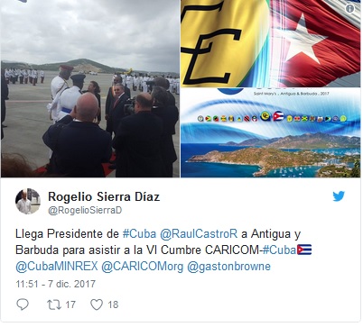 Llega Presidente de Cuba Raúl Castro a Antigua y Barbuda para asistir a la VI Cumbre CARICOM