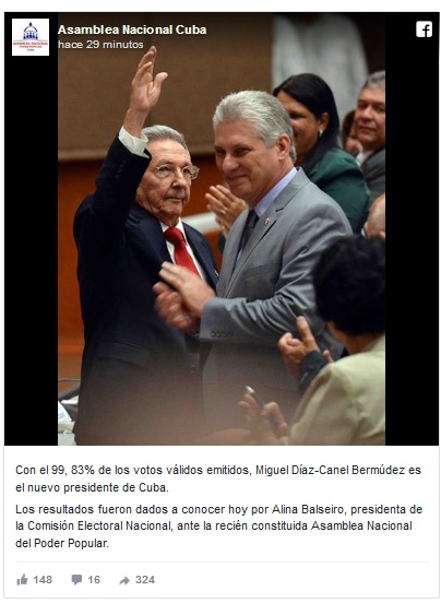 Raúl saluda al Díaz-Canel, nuevo Presidente de los Consejos de Estado y de Ministros de Cuba
