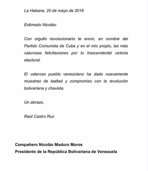 Carta de felicitación de Raúl a Maduro