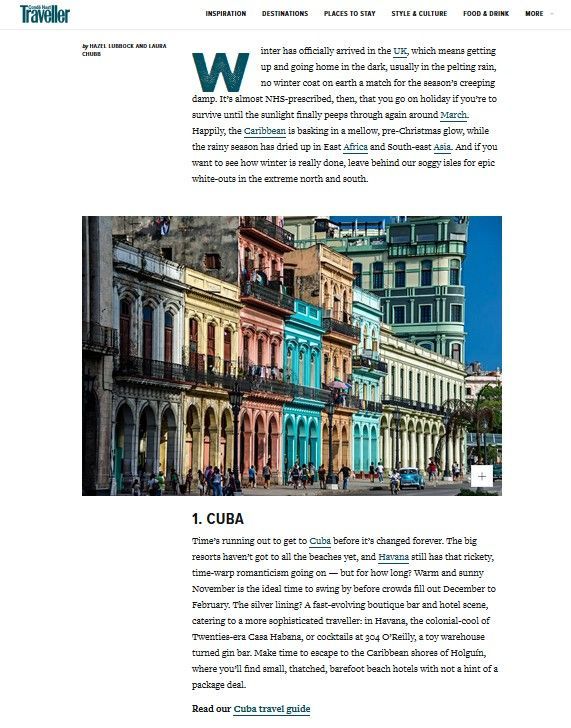Prestigiosa revista británica de viajes recomienda a Cuba como primer destino para noviembre