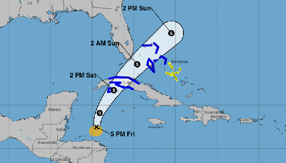Posible trayectoria de la depresión tropical 18 de esta temporada ciclónica. Podría afectar el occidente y centro de Cuba como tormenta tropical. Imagen: NHC.