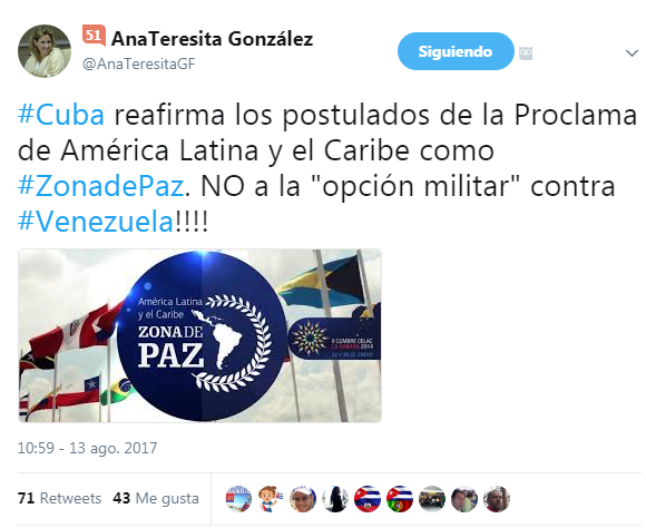 Cuenta de viceministra cubana Ana Teresita en Twitter